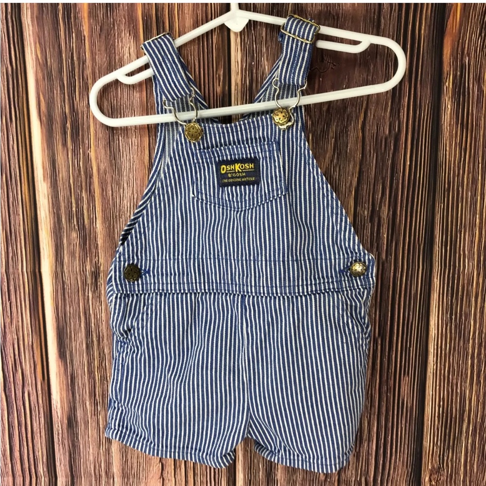 OshKosh Vintage Vestbak Blue Conductor Stripe Overalls Shortalls